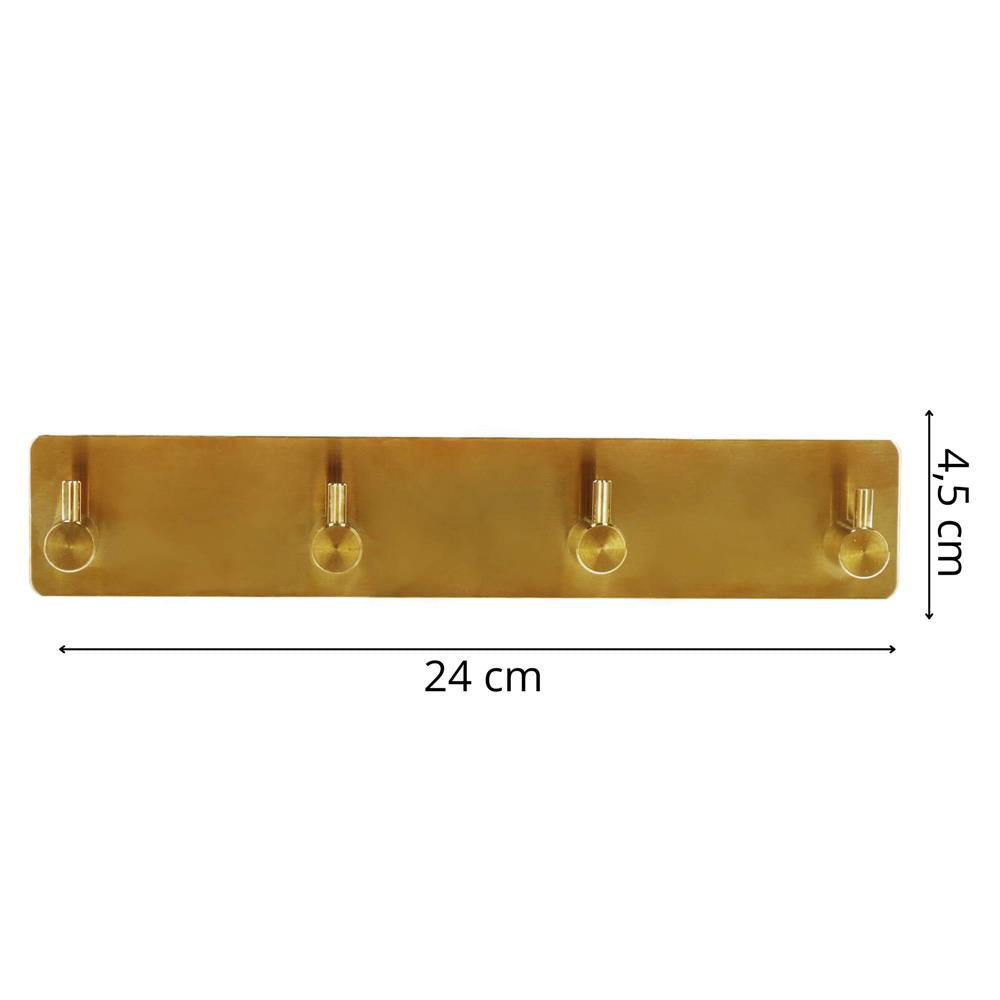 Cuier de baie pentru prosoape, montare fara gaurire, otel, 4 agatatori, 24x4.5cm, auriu