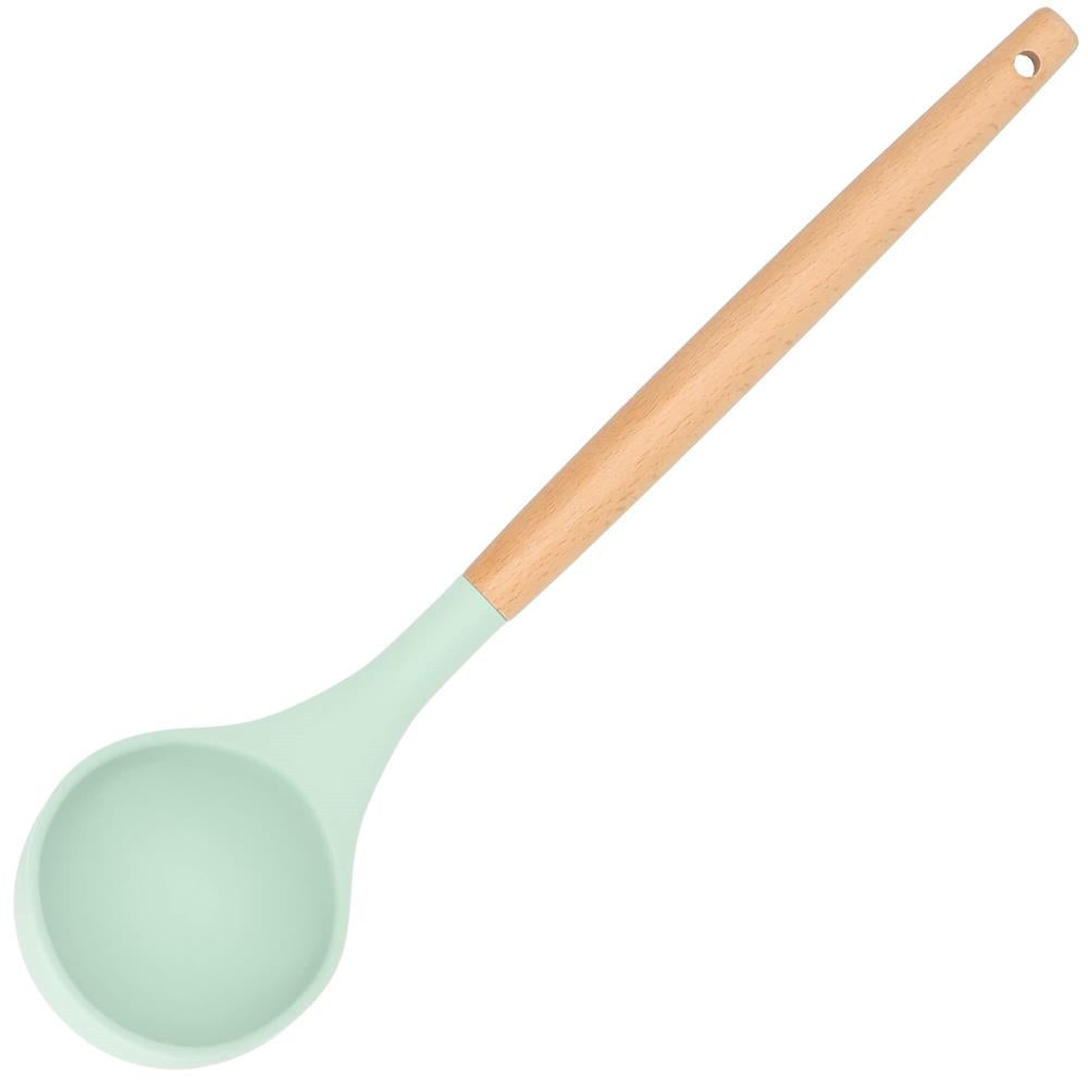 Set Sersimo 12 ustensile de bucatarie din silicon termorezistent si maner din bambus, verde deschis