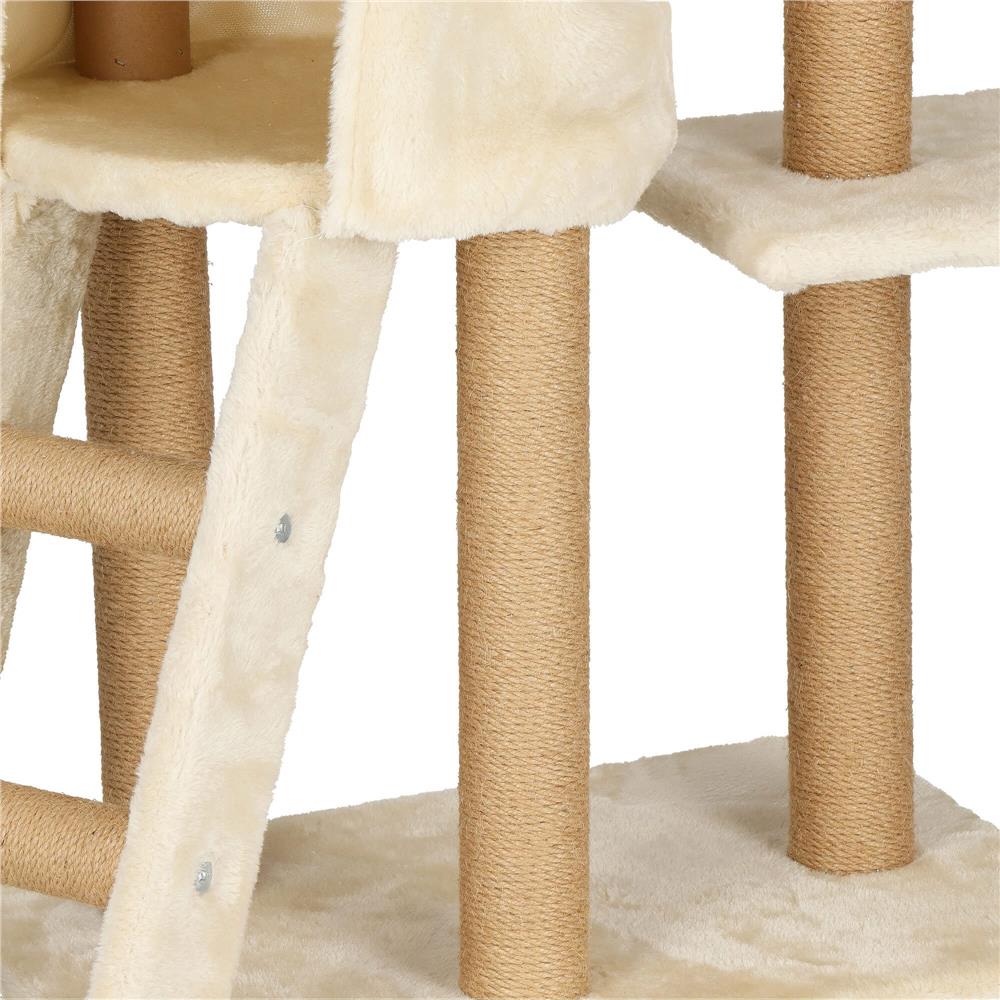 Ansamblu de joaca pentru pisici, cu loc pentru zgariat, ascuns, culcus, mingi, 136cm, crem