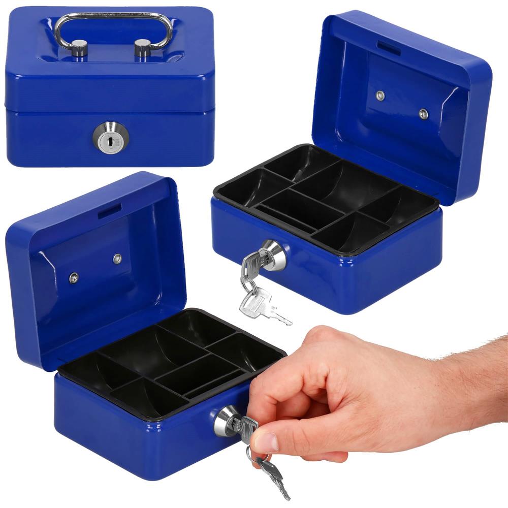 Caseta pentru bani tip cutie de valori, compartimentanta, cu cheie, metal, 12.5x9.5x6.5cm, albastru