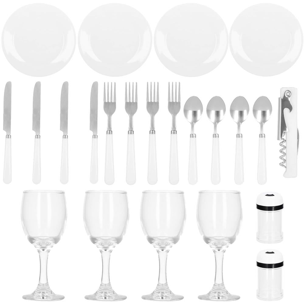 Cos de picnic echipat pentru 4 persoane Deluxe, din rachita, cu vesela si tacamuri, izolat termic, gri