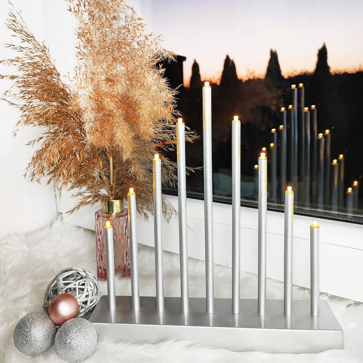 Lumanari decorative de Craciun, 9 becuri tip LED, culoare argintiu