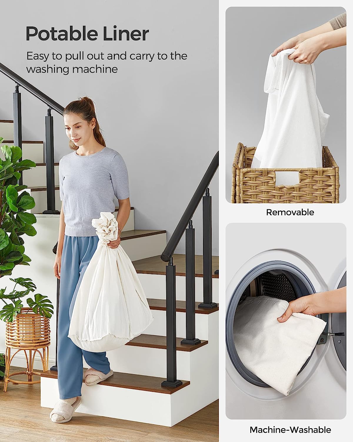 SONGMICS Cos de rufe tesut manual, cu captuseala detasabila lavabila, 3 compartimente, stil ratan, 140 litri, 66x33x60 cm, maro