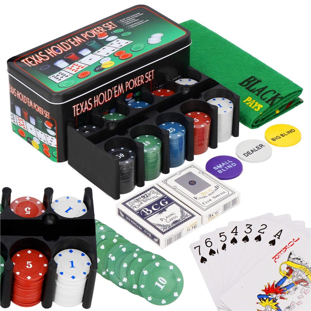 Set de Poker Complex cu 200 de jetoane, covoras verde, 2 seturi de carti, in cutie metalica