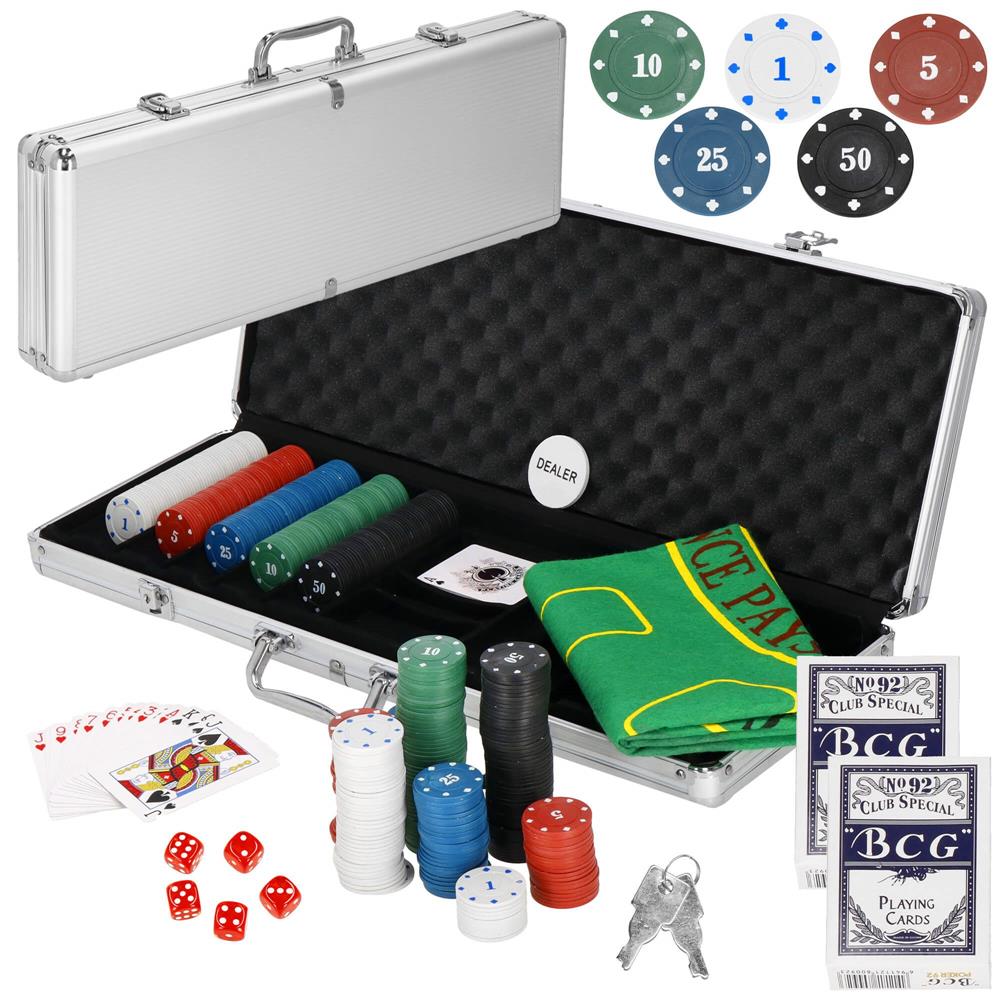 Set de Poker Complex cu 500 de jetoane, covoras verde, 2 seturi de carti, 5 zaruri, in servieta aluminiu