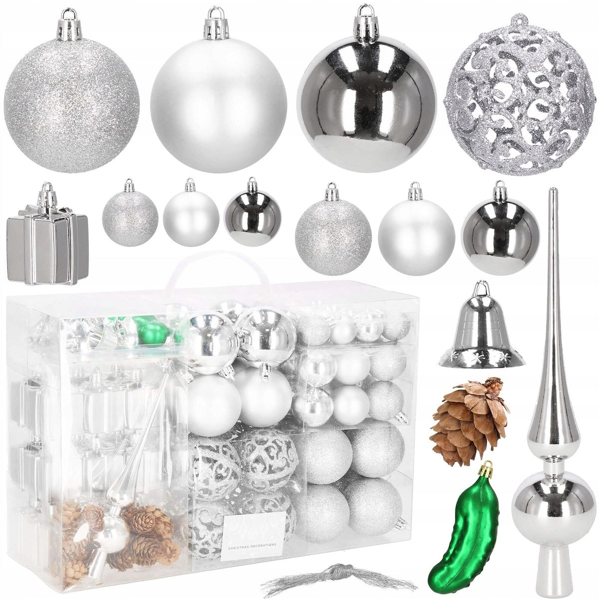 Set globuri si decoratiuni de Craciun, 102 piese, diverse dimensiuni, argintiu