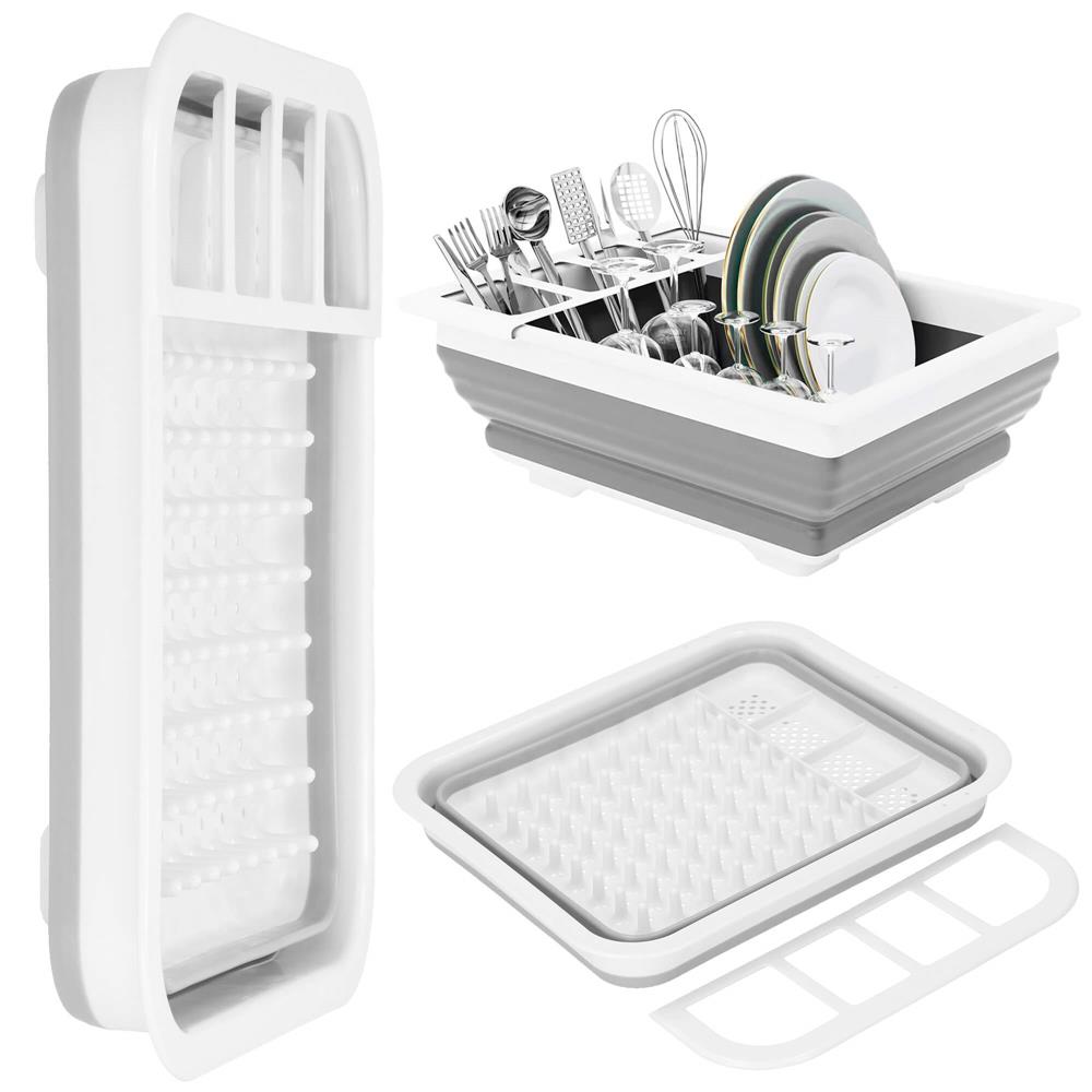 Uscator de vase pliabil, din pastic si silicon, 36x31x12cm, suport tacamuri, alb si gri