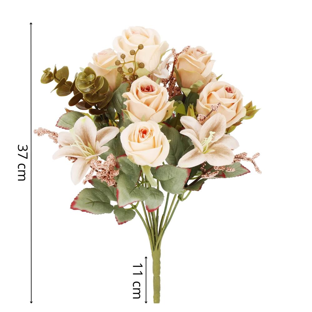 Buchet de flori artificiale din poliester, 10 fire trandafiri si crini, 37cm, crem