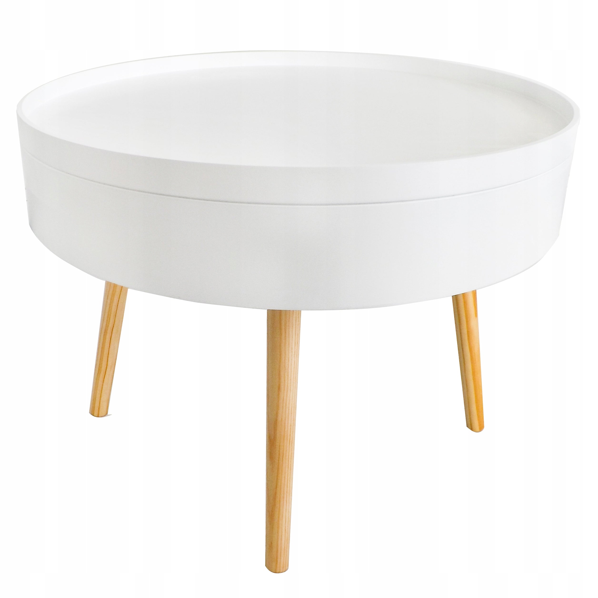 Masuta de cafea rotunda 60x40 cm, cu blat detasabil si spatiu depozitare, picioare din lemn de pin, alba