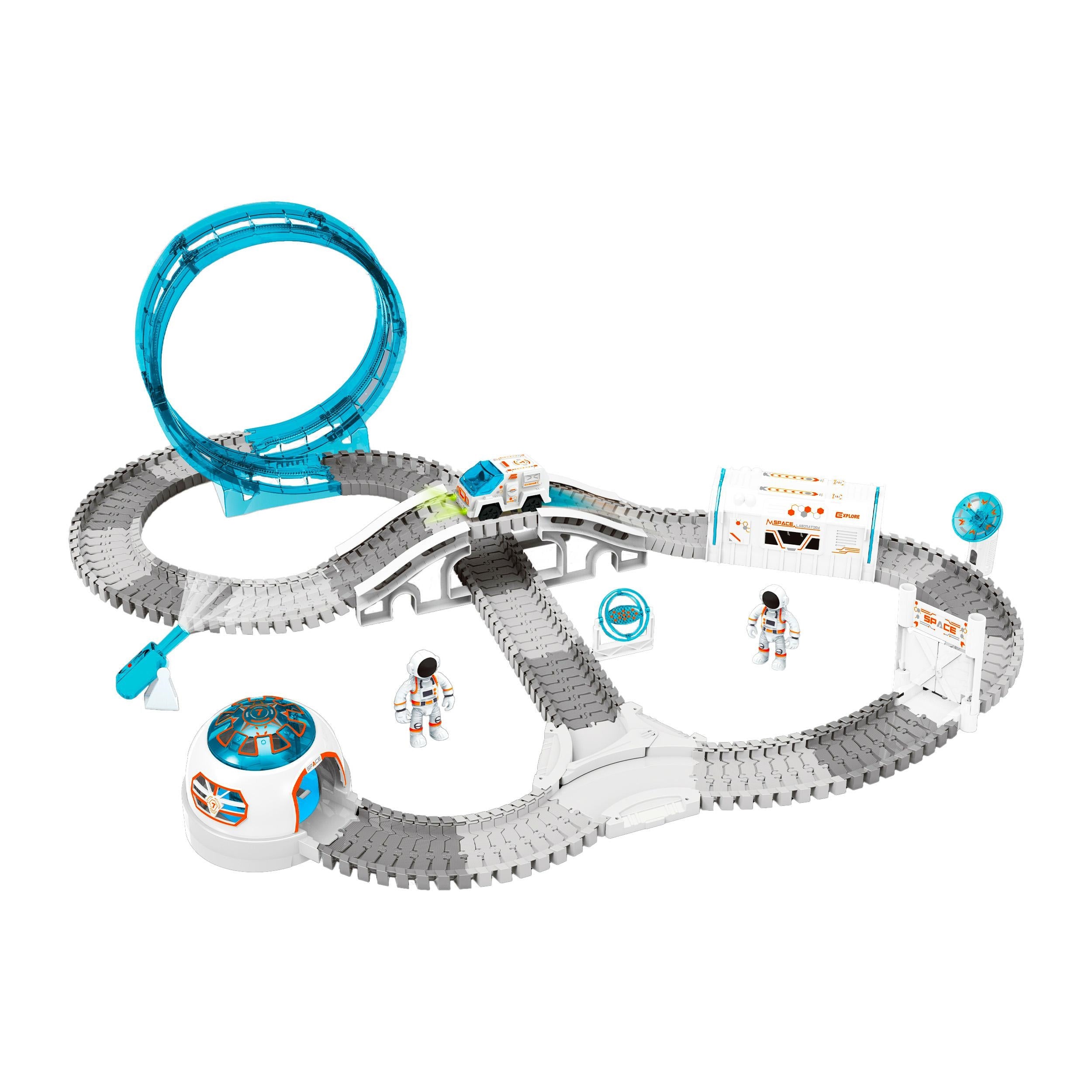 Set constructii traseu auto spatial pentru copii cu 205 piese, astronauti, vehicul electric si proiectie, 46x31x11 cm