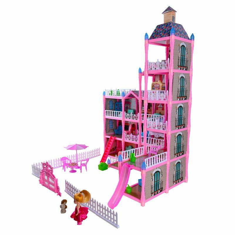 Casa de papusi pentru copii cu 374 piese, animale, mobilier si accesorii, 80x60x50 cm, roz