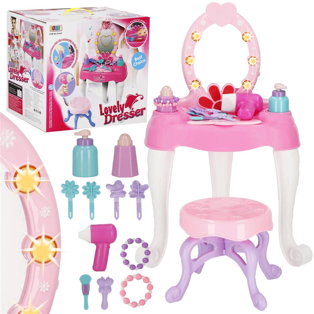 Masa toaleta pentru copii, cu taburet, 19 accesorii joaca, din plastic, 37x20x60 cm, roz