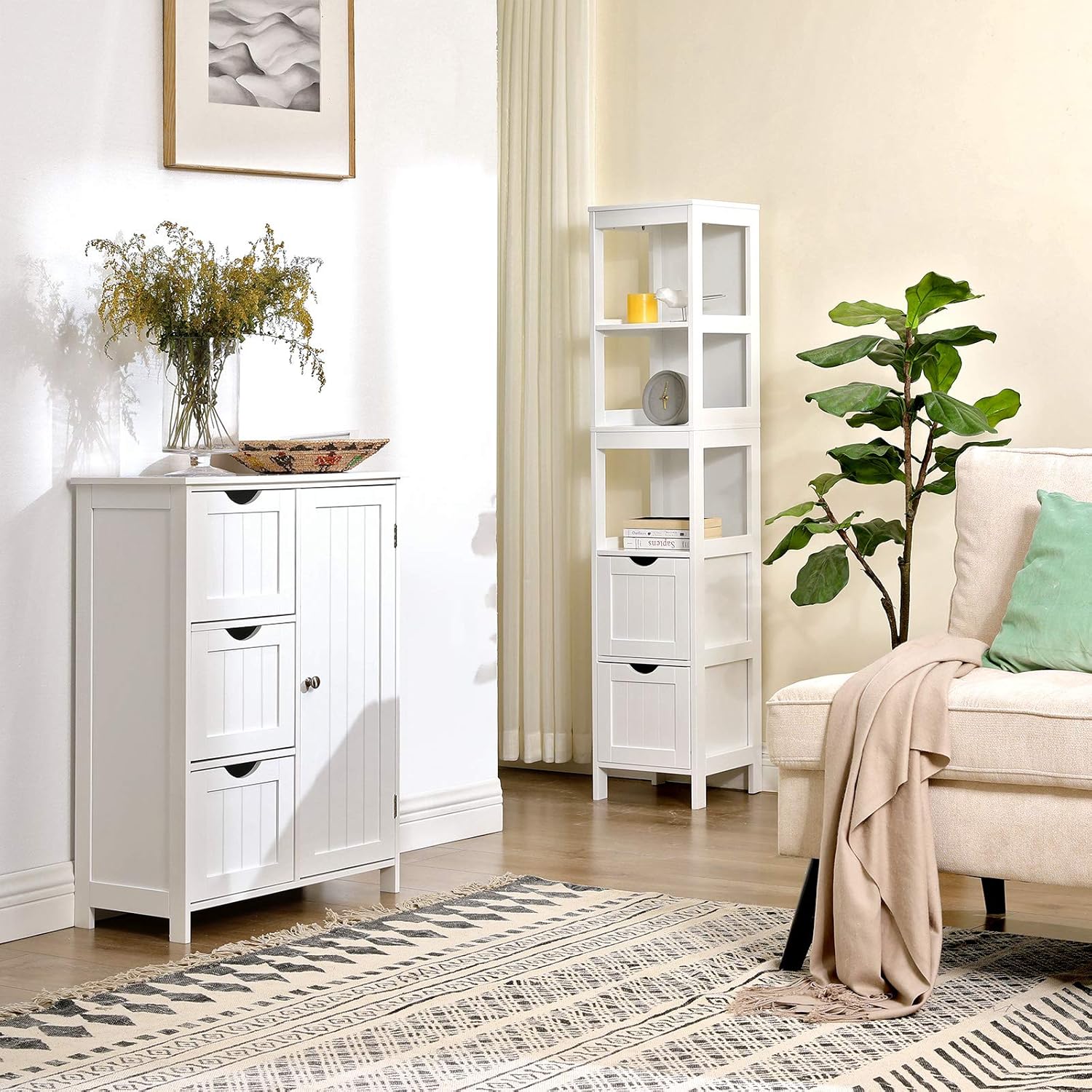 VASAGLE Dulap de baie tip coloana, din MDF, cu 2 sertare si 3 rafturi, 30x30x142 cm, alb