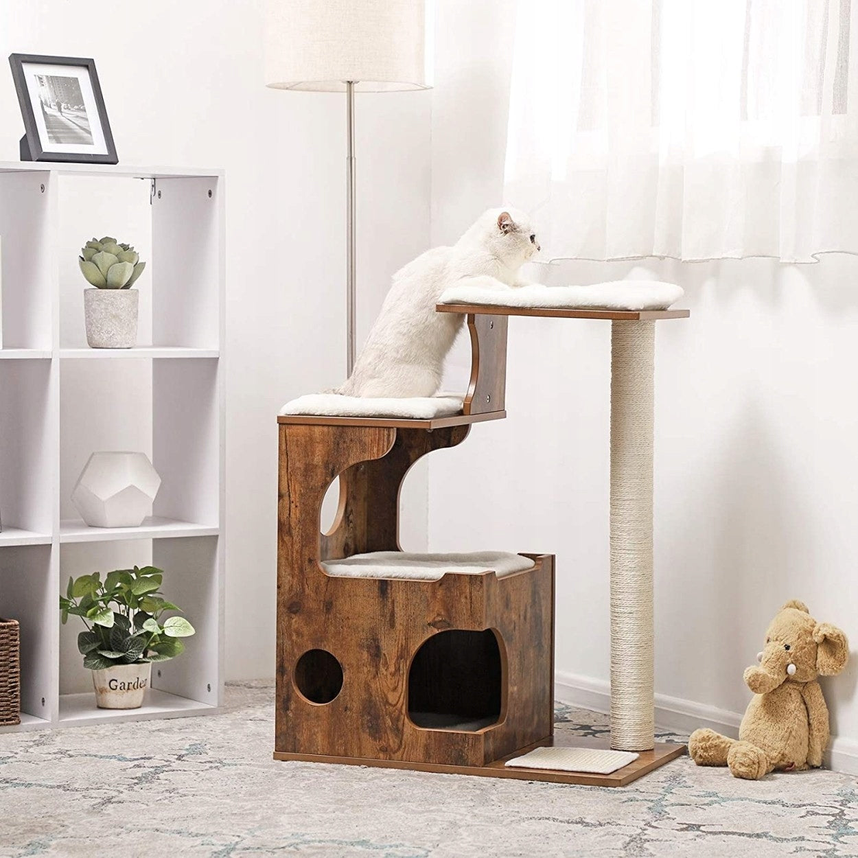 FEANDREA Ansamblu de joaca pentru pisici, tip mobilier, MDF, cu 3 culcusuri si ascunzatoare, 66x40x86cm, maro rustic