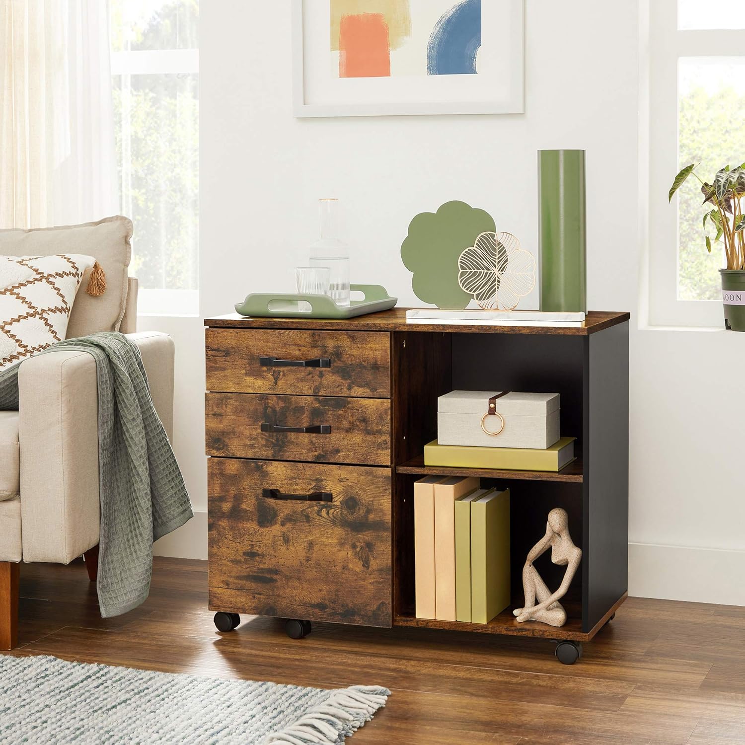 VASAGLE Dulap mobil tip rollbox pentru birouri, sertar cu sina suport dosare, stil industrial, 40x80x66 cm, maro rustic