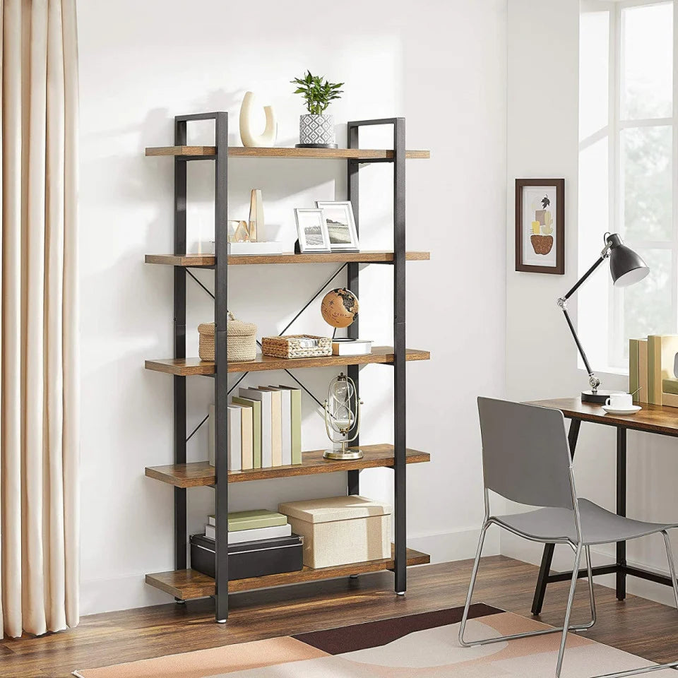 VASAGLE Biblioteca cu 5 rafturi, cadru din otel si rafturi din PAL, 105x34x178cm, maro rustic si negru