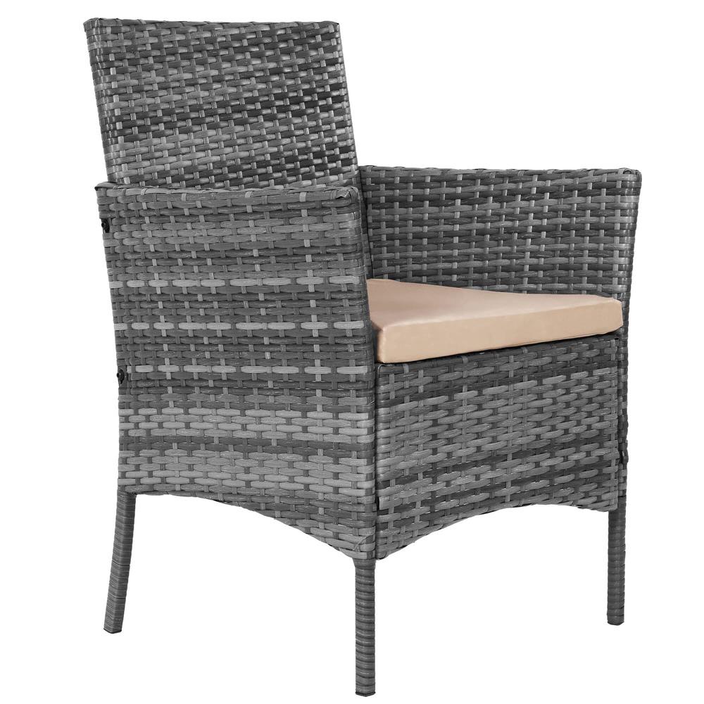 Set mobilier terasa, din tehnorattan, masa cu blat sticla securizata, 2 fotolii si 1 canapea cu perne, gri