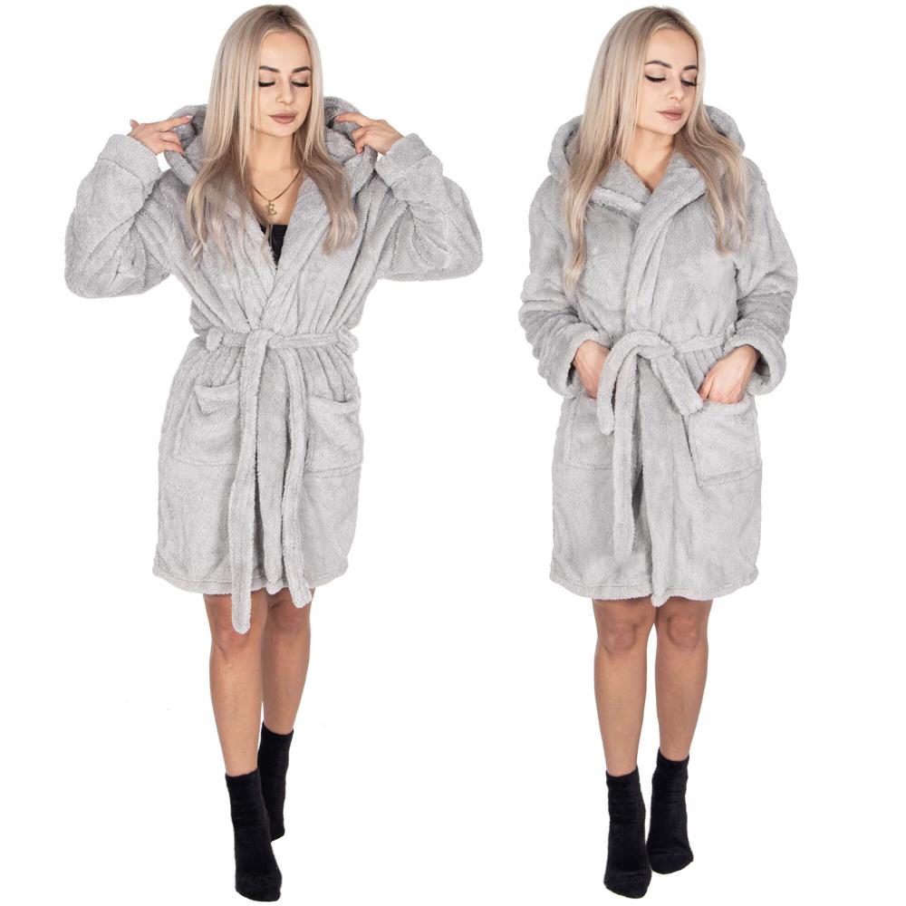 Halat de baie pentru femei pana la genunchi, cu gluga, marimea L/XL, gri