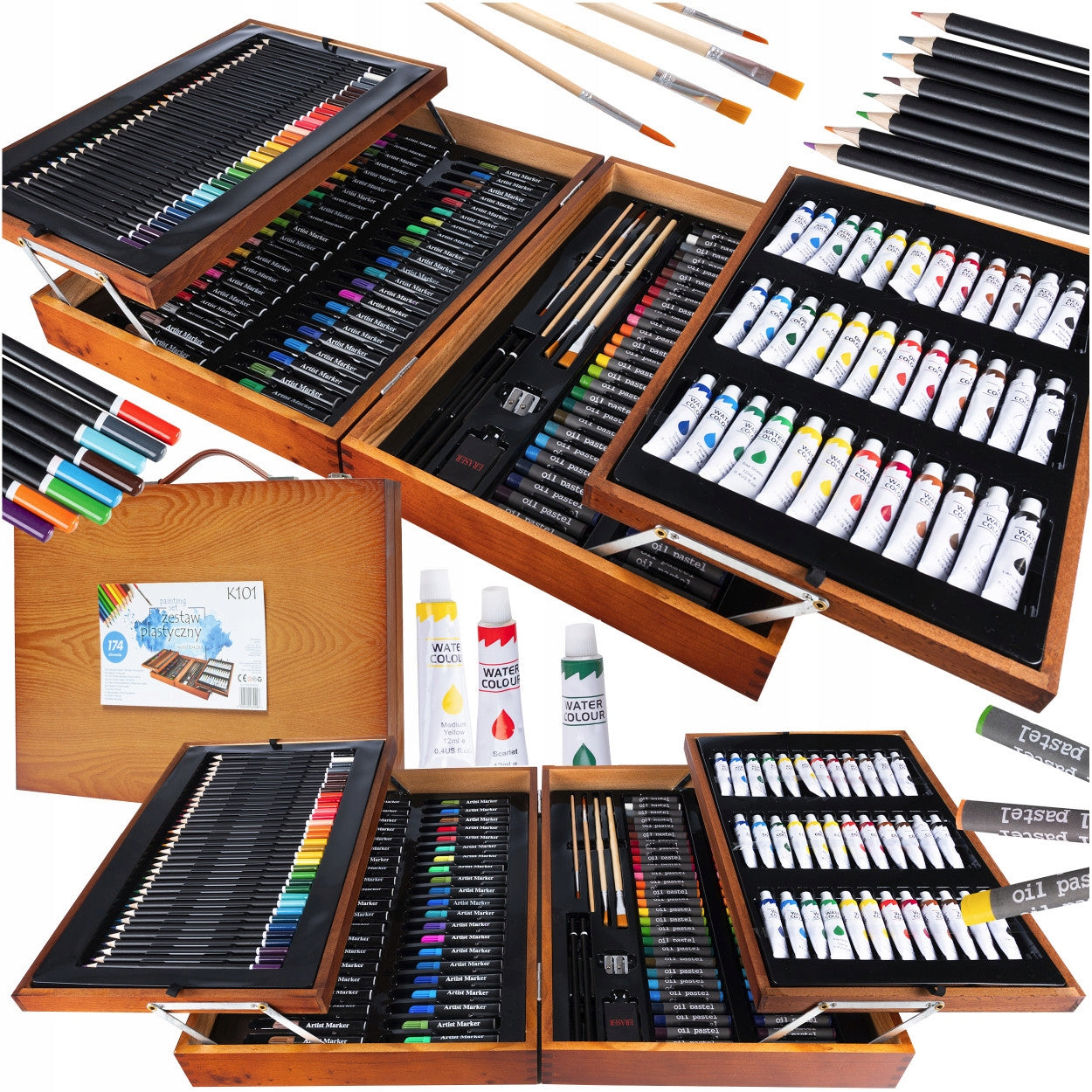 Set de pictura si desen pentru copii, 174 de piese, trusa lemn, 45x32x10cm
