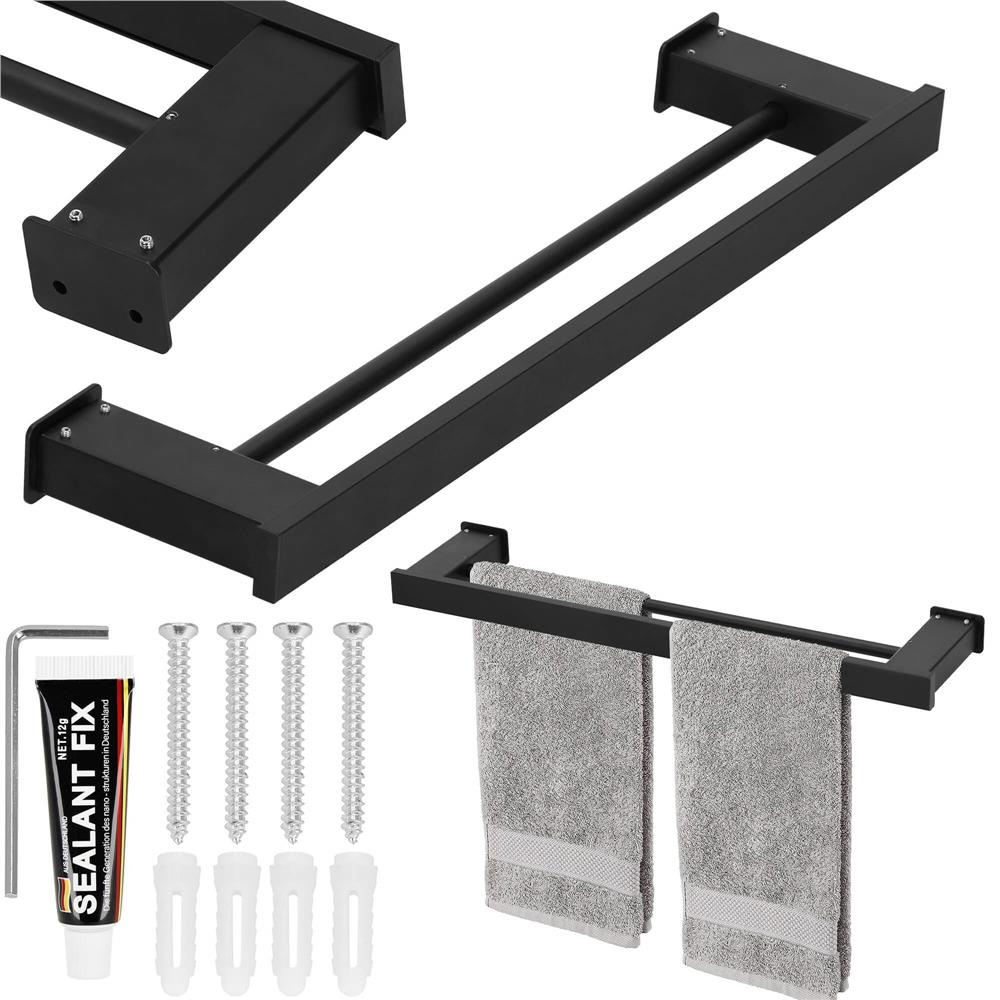 Suport prosoape pentru baie cu 2 sisteme de instalare, 2 brate, din aluminiu, 50x12cm, negru