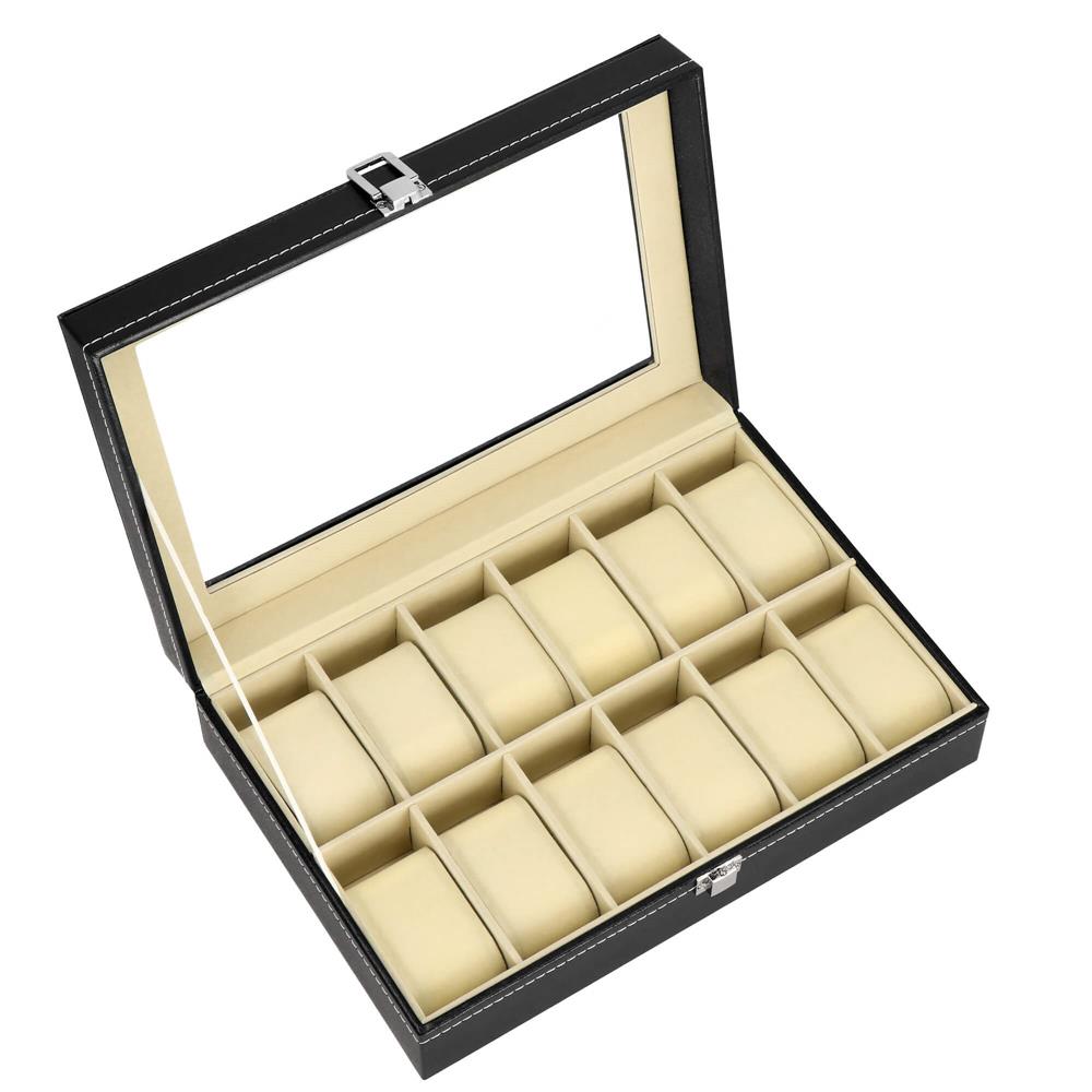 Cutie depozitare si organizare ceasuri, MDF, piele ecologica, 30x20x8cm, negru interior crem