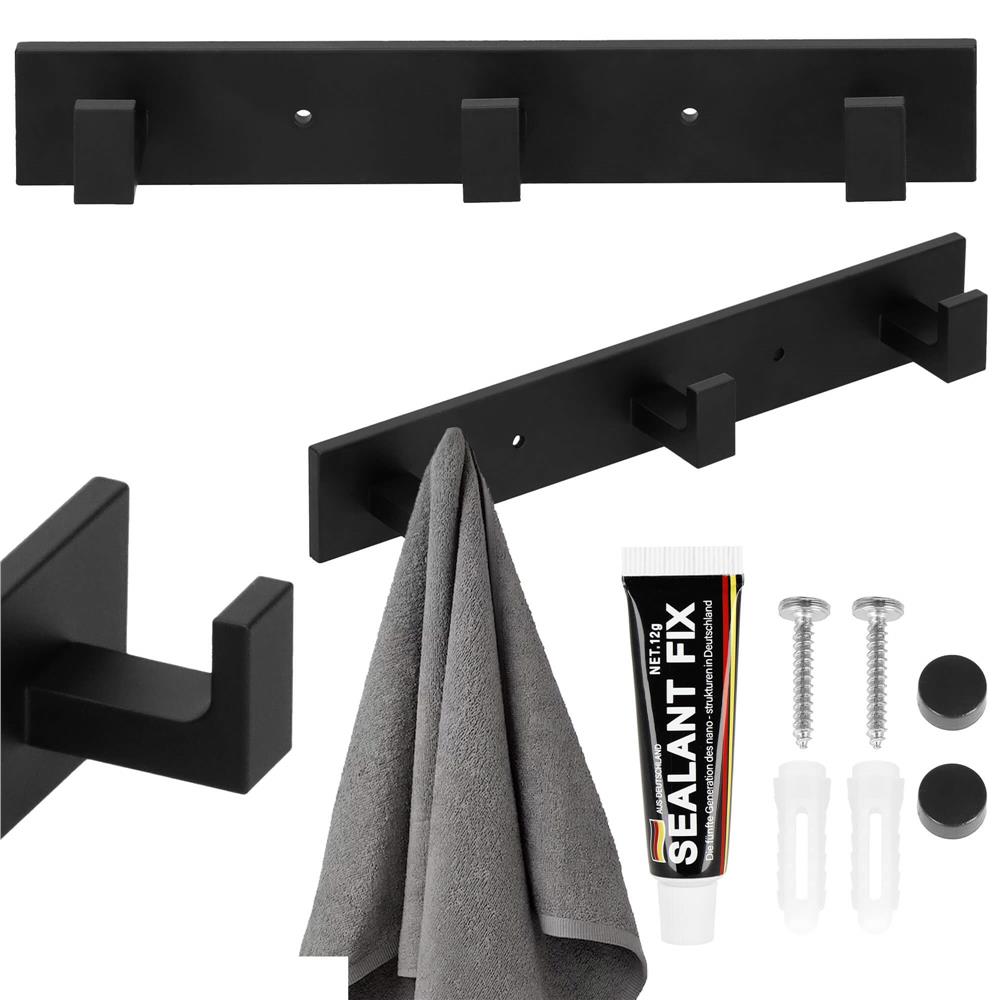 Cuier de baie pentru prosoape cu 2 sisteme instalare, aluminiu, 3 agatatori, 25x4cm, negru
