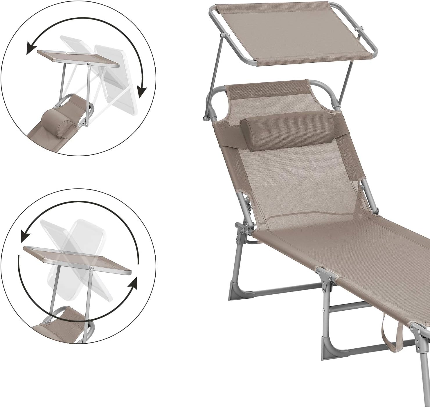 SONGMICS Sezlong pliabil, cu parasolar si tetiera, spatar reglabil in 4 pozitii, maxim 150kg, 193x53x29cm, crem