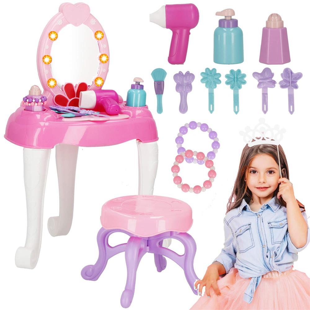 Masa toaleta pentru copii, cu taburet, 19 accesorii joaca, din plastic, 37x20x60 cm, roz