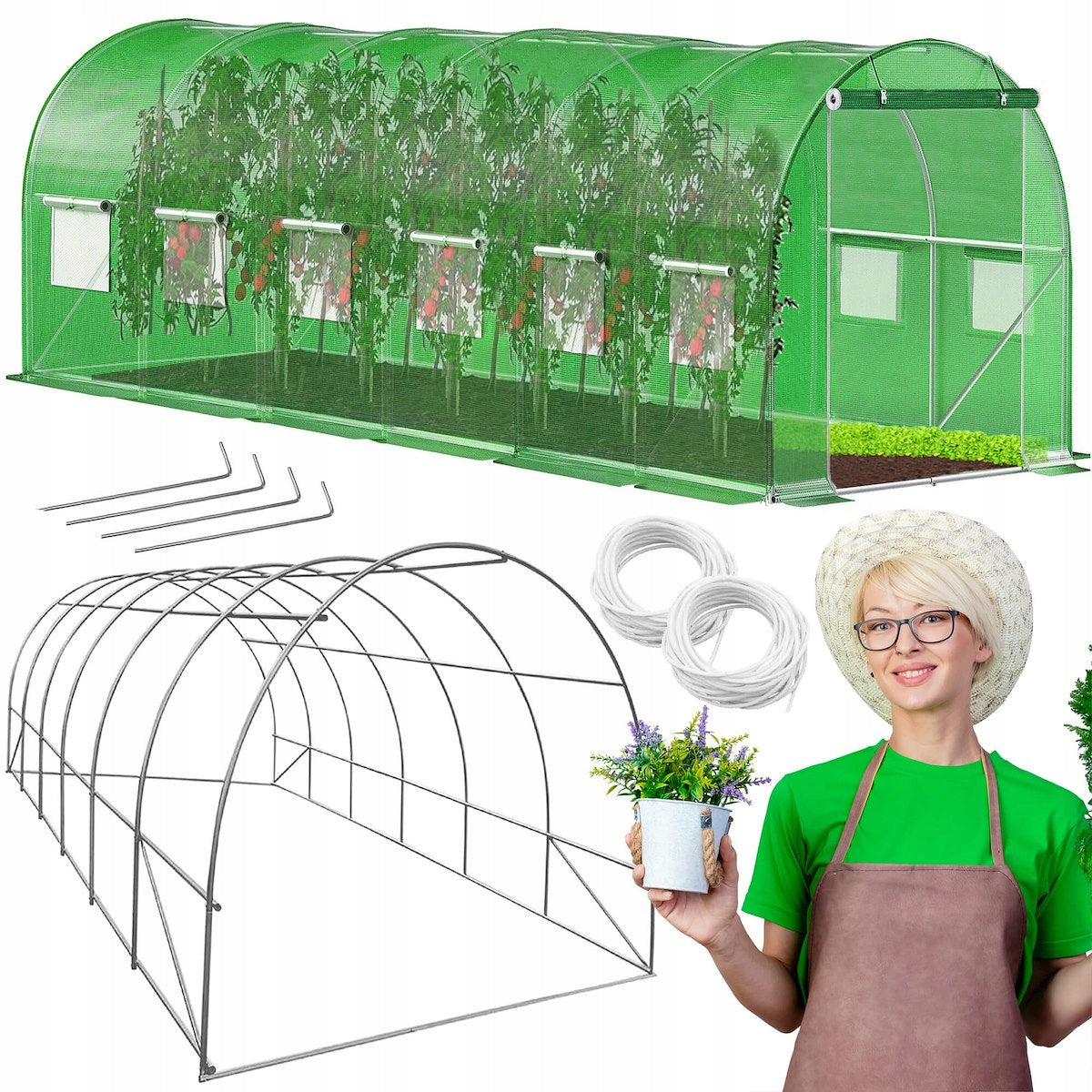 Sera de gradina, tip tunel cu cadru metalic, 300x600cm, 13 ferestre, verde, 18 mp