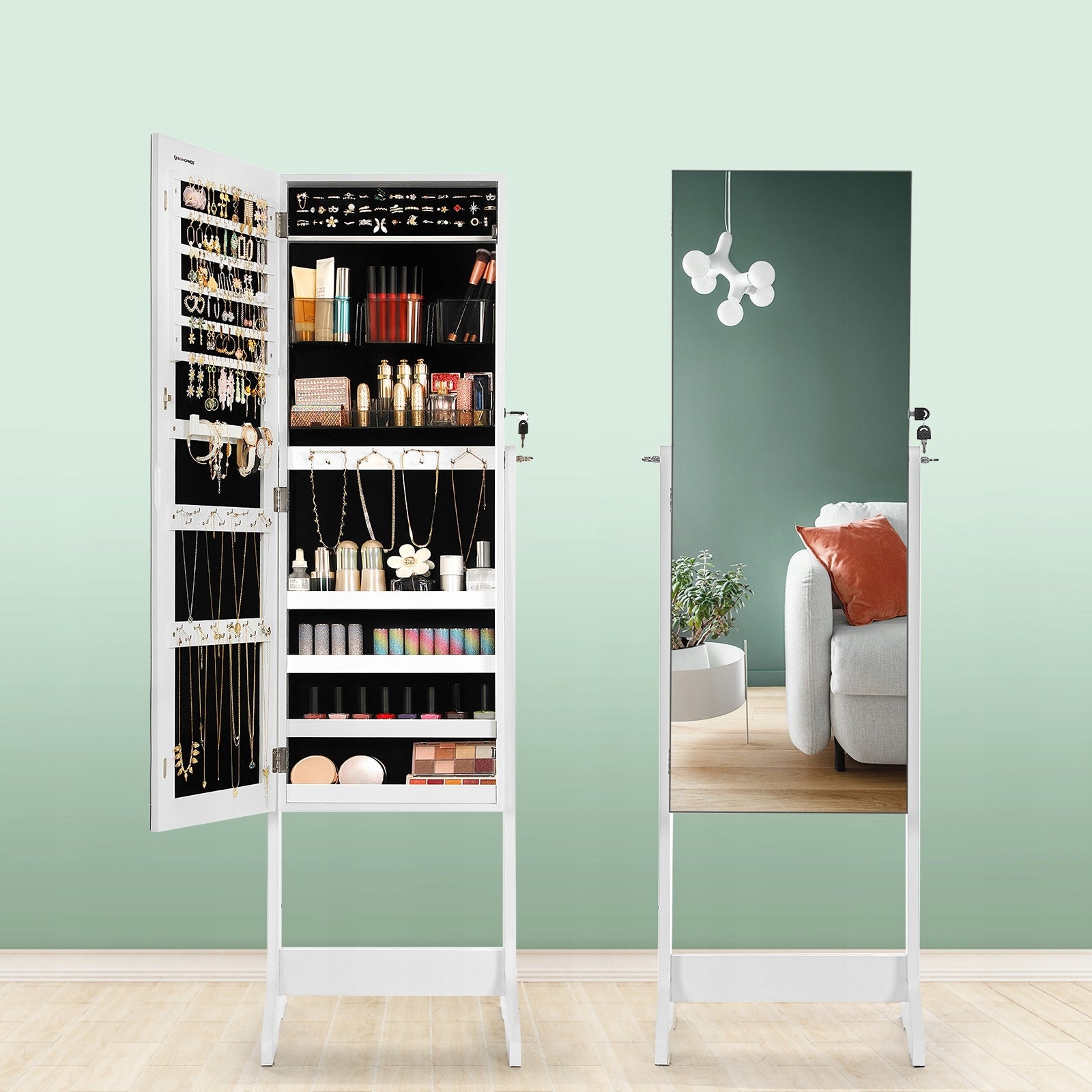 SONGMICS Oglinda de podea cu suport, design fara rama, cu spatiu de depozitare, 41x37x152cm, alb