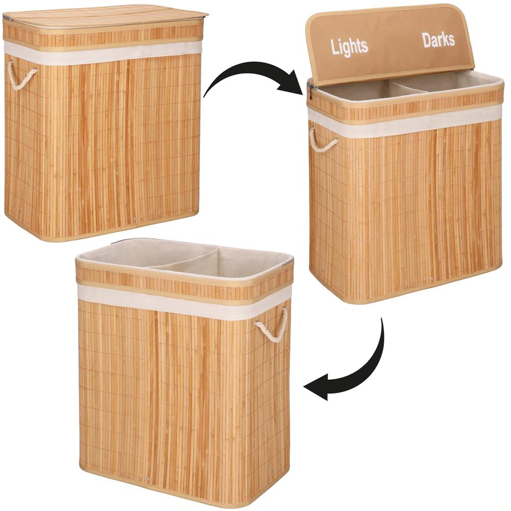 Cos de rufe din bambus cu capac, 2 compartimente, sac detasabil, volum 100L, 53x32x62cm, maro