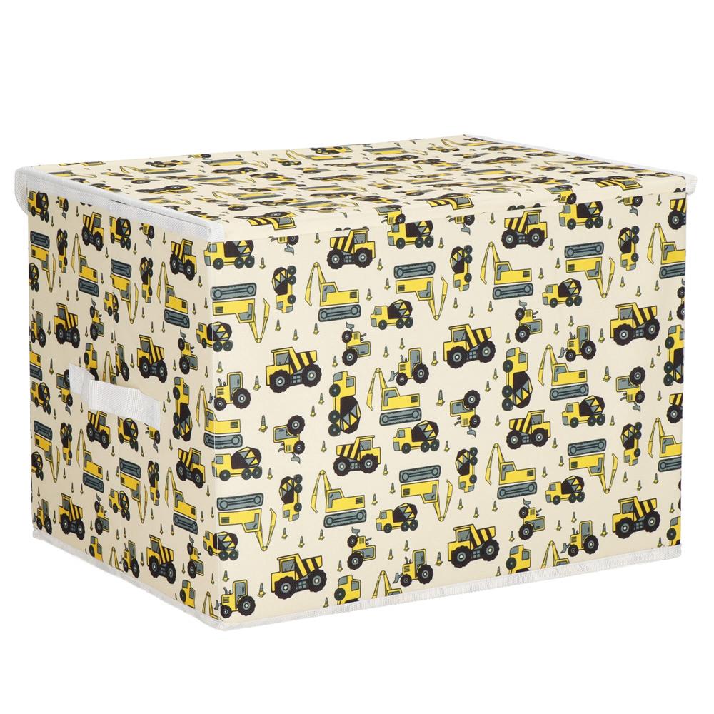 Cutie depozitare jucarii, pliabila cu capac, model utilaje constructii, 30x32x43cm, crem