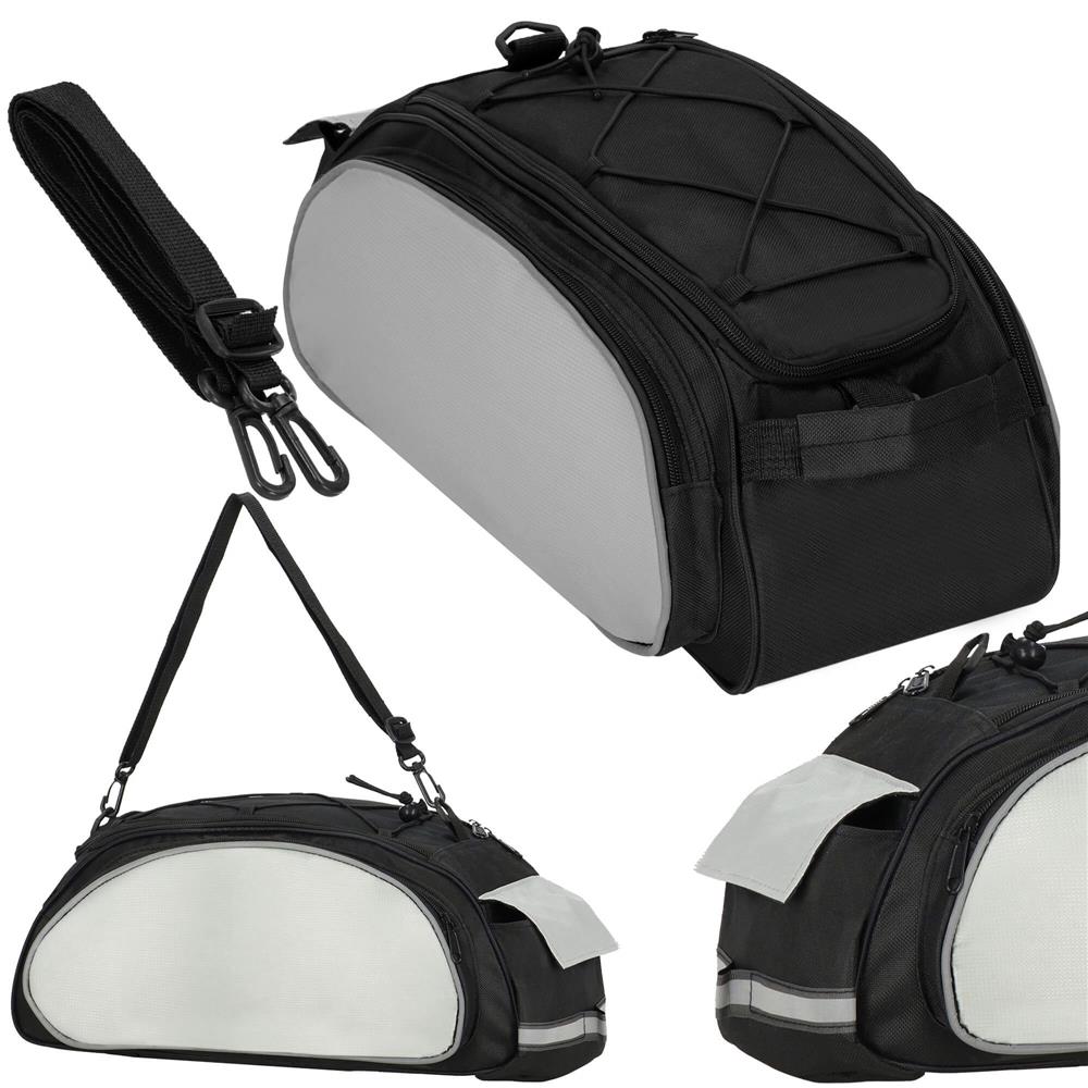 Geanta portbagaj bicicleta, 1 compartiment si 3 buzunare laterale, 40x20x17cm, negru cu elemente reflectorizante gri