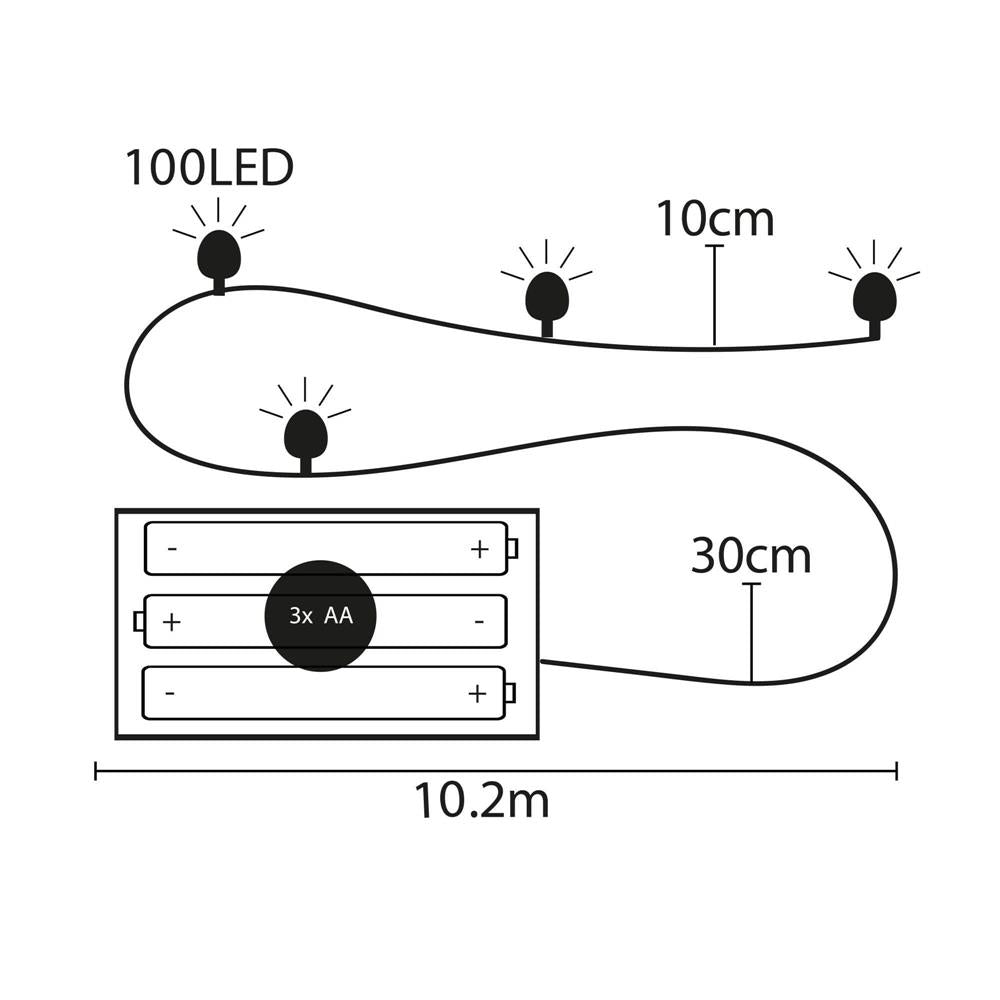 Instalatie lumina decorativa cu 100 LED-uri, 10m, alimentare baterii, telecomanda, iluminare galbena