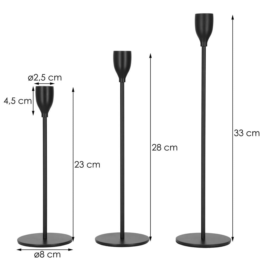 Set 3 suporturi de lumanare din metal, 23, 28 si 33cm, negru