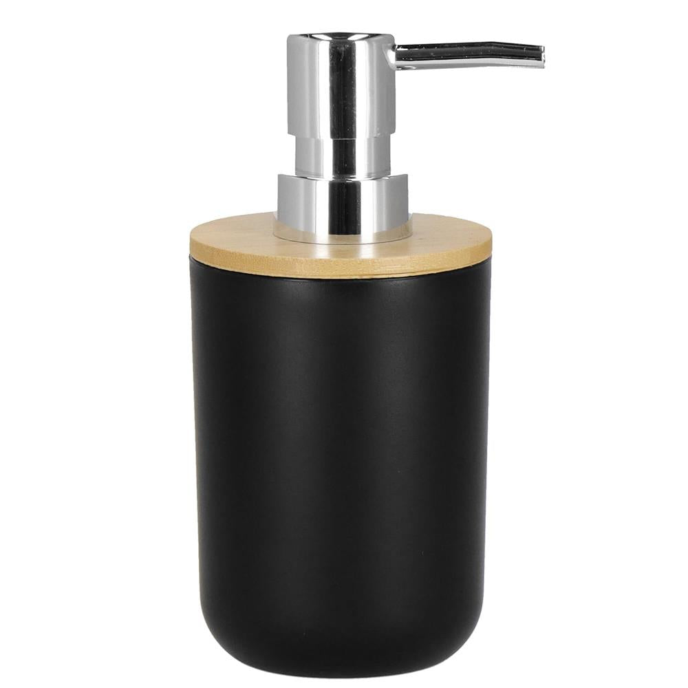 Set de accesorii rotunde pentru baie din plastic cu elemente bambus, 6 piese, negru