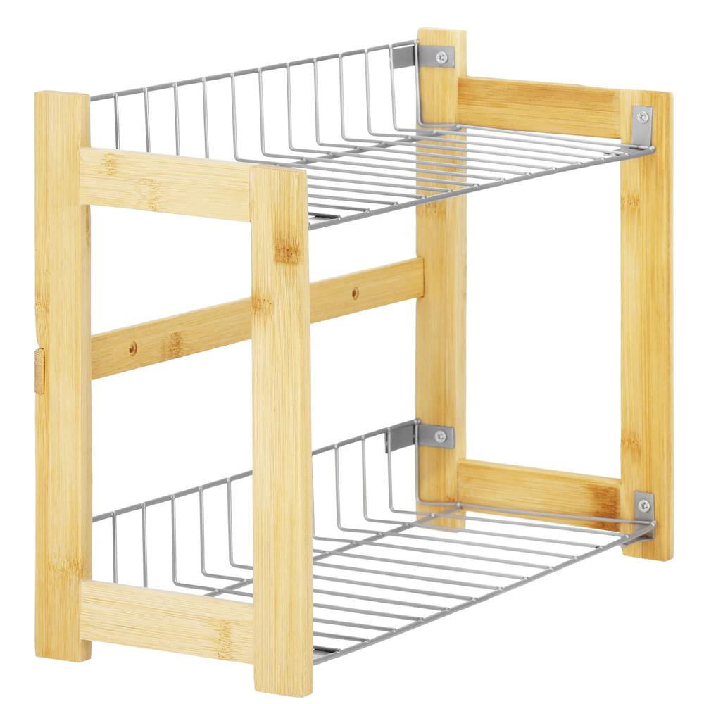 Suport organizator multifunctional cu 2 etaje, bambus si metal, 33x14x25cm
