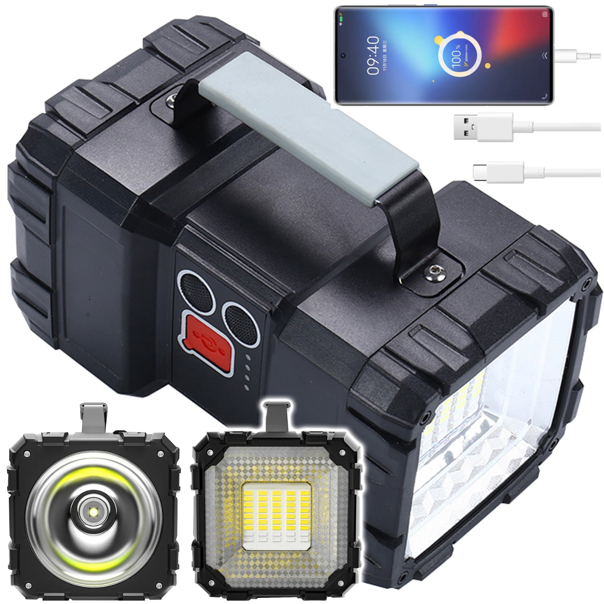 Lanterna multifunctionala, reincarcabila, power bank, 800lm, 7 moduri de luminare la 2 capete, negru