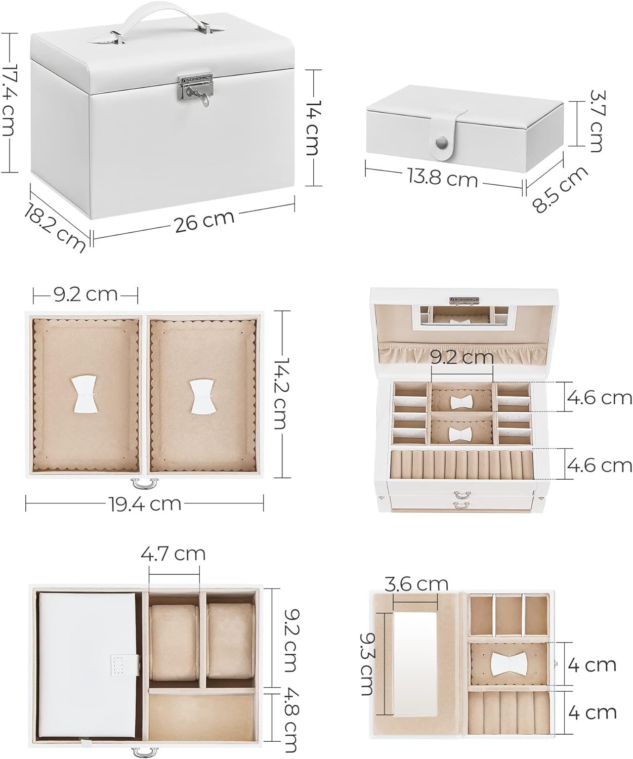 SONGMICS Cutie de bijuterii pe 3 nivele, 2 sertare, maner, inchidere cu cheie, 18x26x17cm, alb