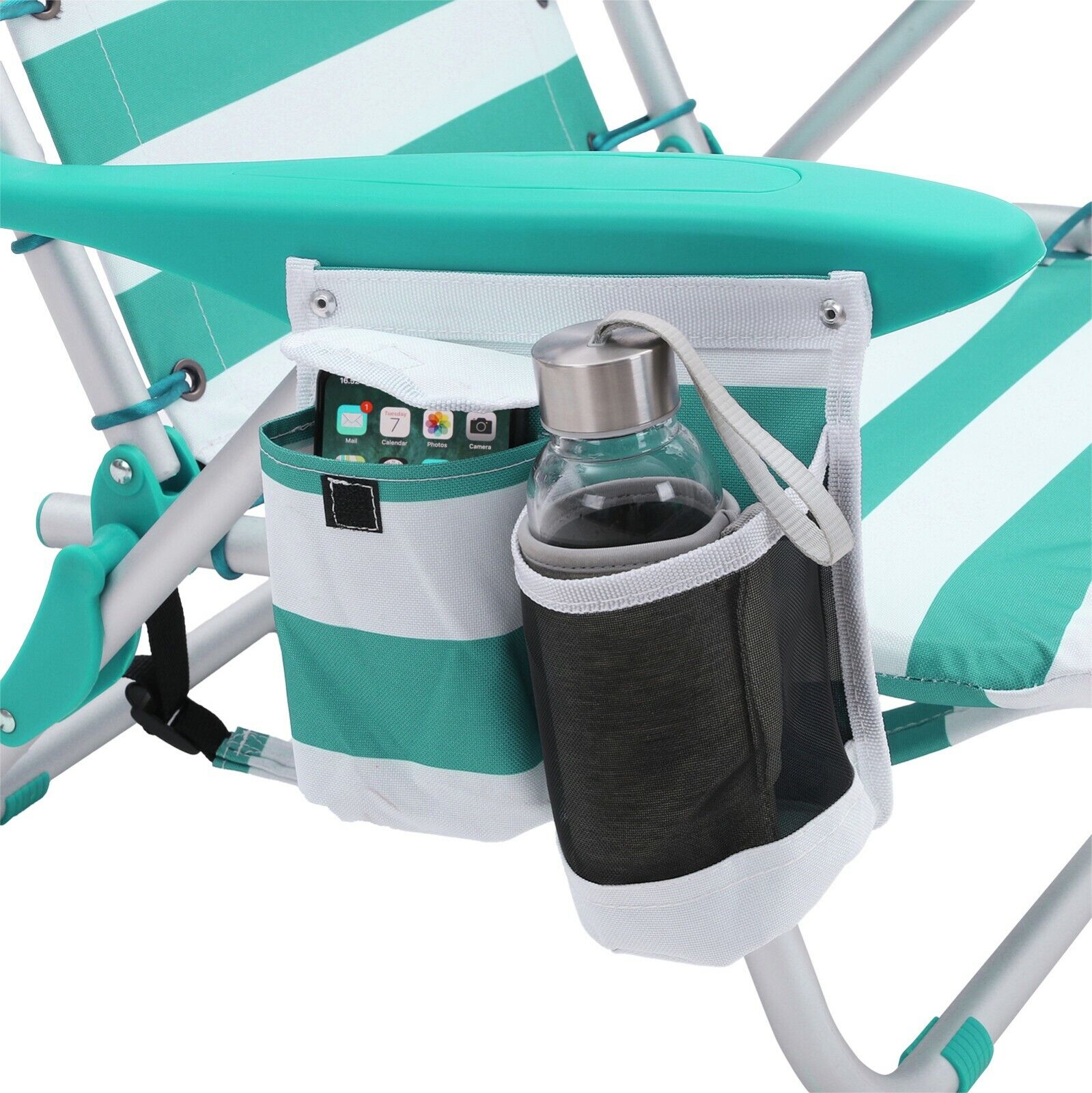SONGMICS Scaun de plaja portabil cu spatar rabatabil in 4 pozitii, cu cotiere, maxim 150kg, alb verde