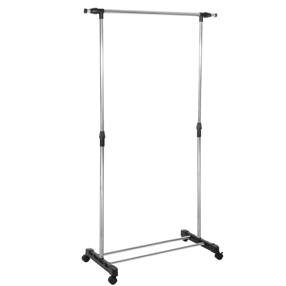 Suport pentru haine pe roti, reglabil pe inaltime si latime, din aluminiu cromat, 160x45x150cm, argintiu
