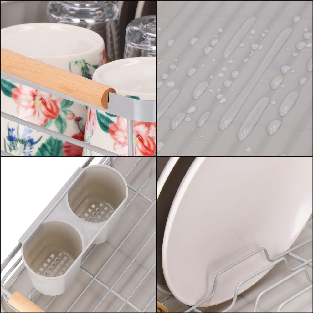Uscator de vase cu suport tacamuri, din otel, cu tava de scurgere, manere lemn, 42x32x15cm, gri