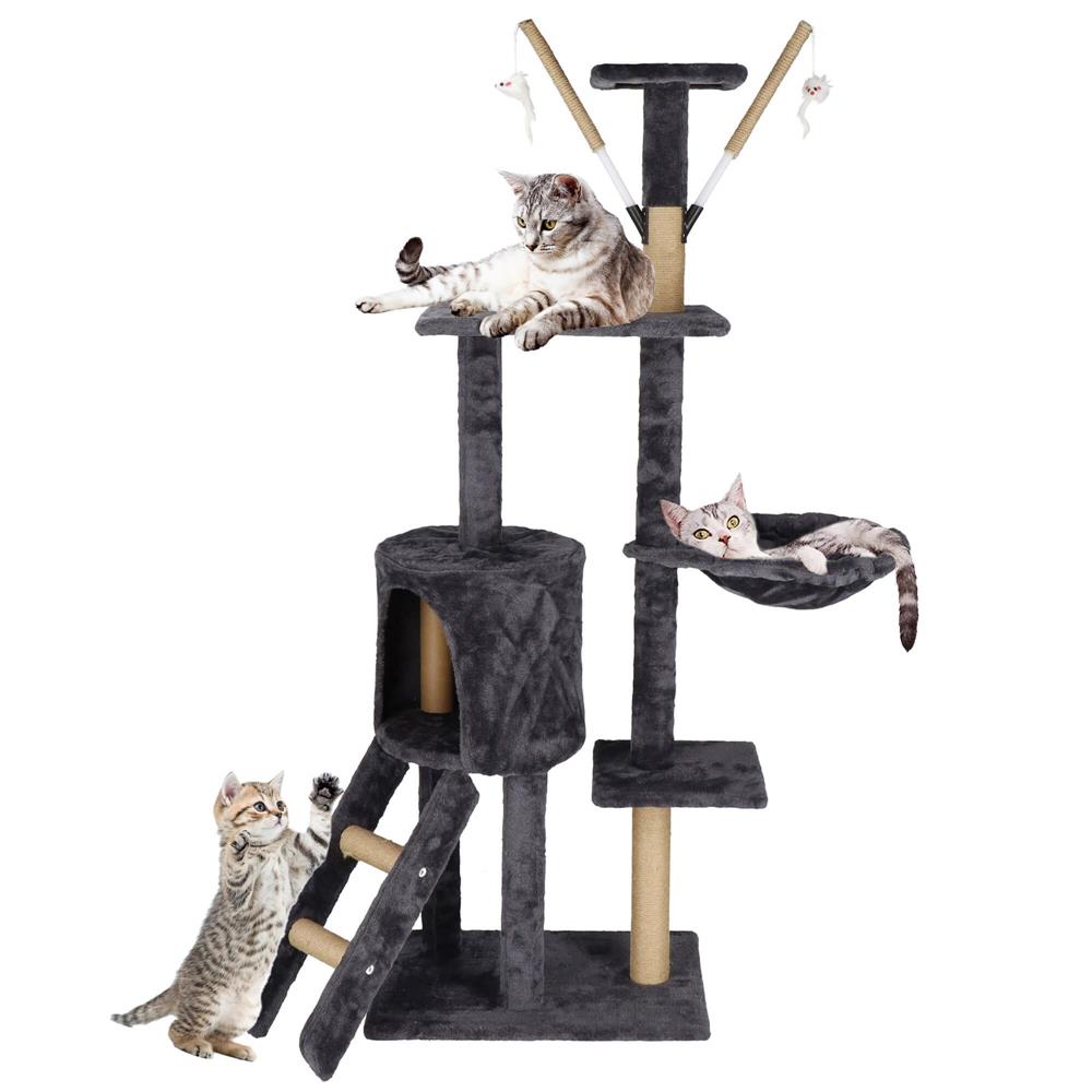 Ansamblu de joaca pentru pisici, cu loc pentru zgariat, ascuns, culcus, mingi, 145cm, grafit