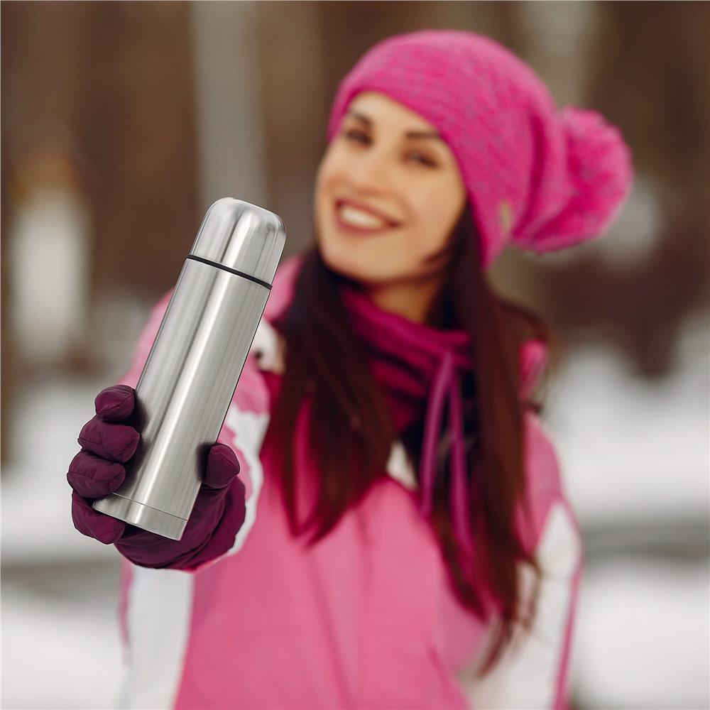 Cana termos cu pahar, perete din inox dublu izolat, 500ml, 24cm, argintiu