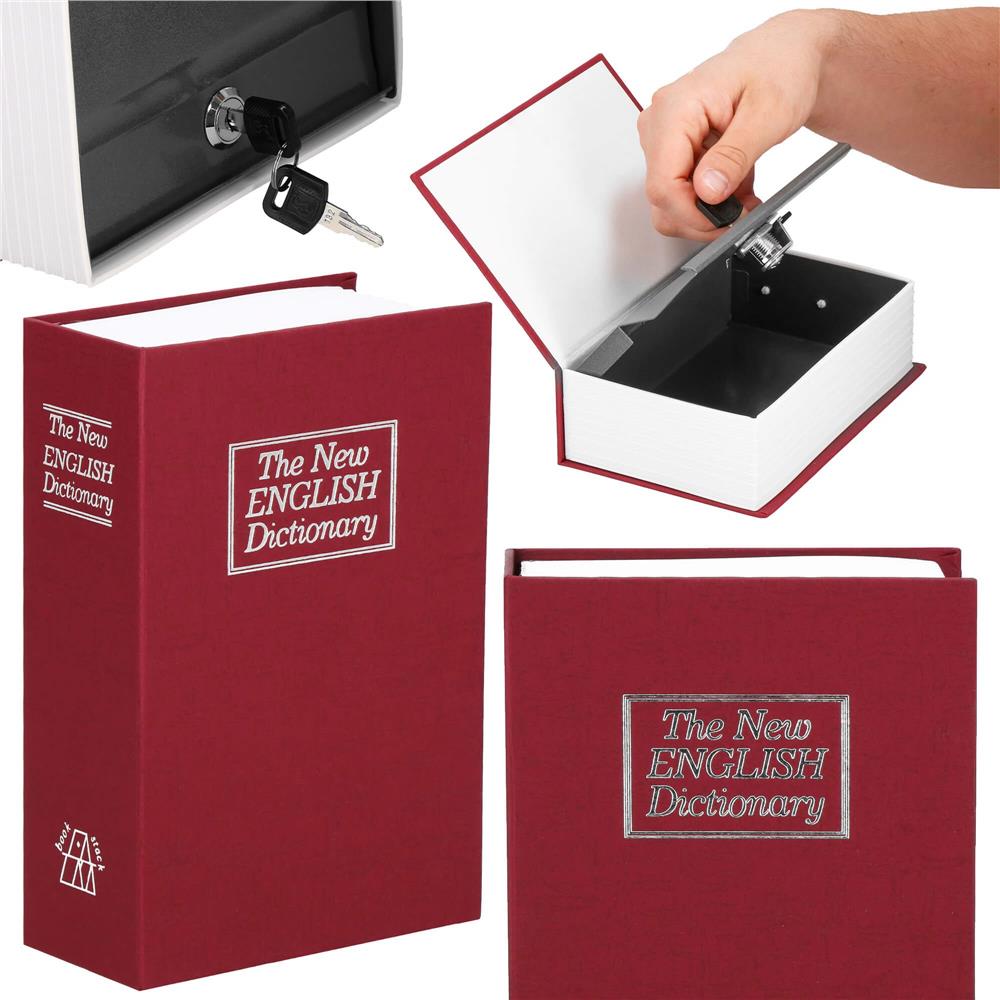 Caseta de valori, cutie metalica cu cheie, portabila, tip carte, Dictionar, burgundy, 26.5x20x6.5 cm