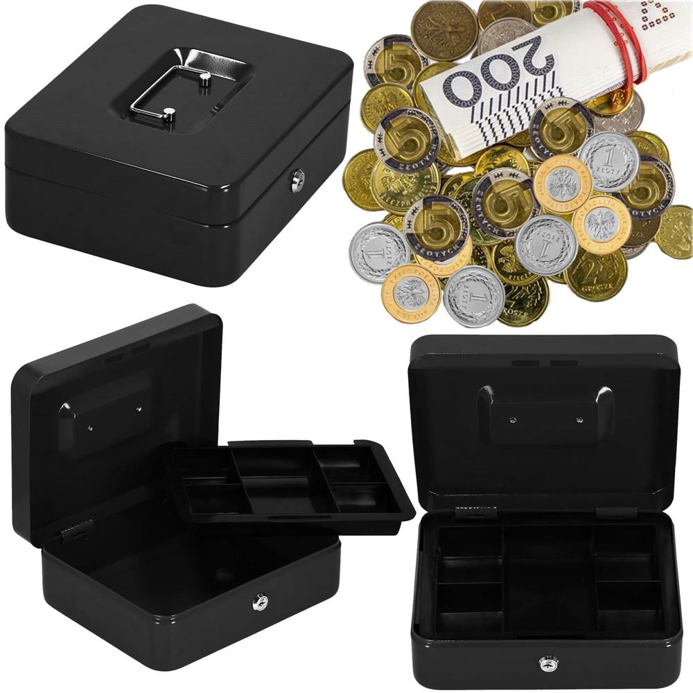 Caseta pentru bani tip cutie de valori, compartimentanta, cu cheie, metal, 25x20x9cm, negru