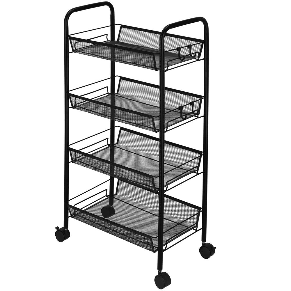 Raft metalic mobil tip carucior pentru bucatarie, 4 polite si 4 agatatori, negru, 44x26x85cm