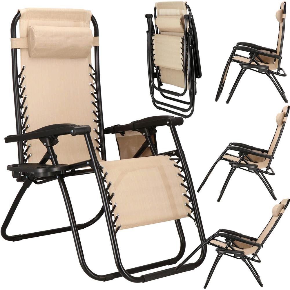Sezlong scaun pliant plaja sau gradina, Siesta, gravitatie zero, cu tetiera, 175x67x110 cm, bej