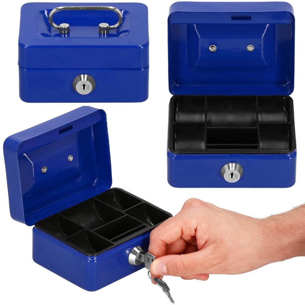 Caseta pentru bani tip cutie de valori, compartimentanta, cu cheie, metal, 12.5x9.5x6.5cm, albastru