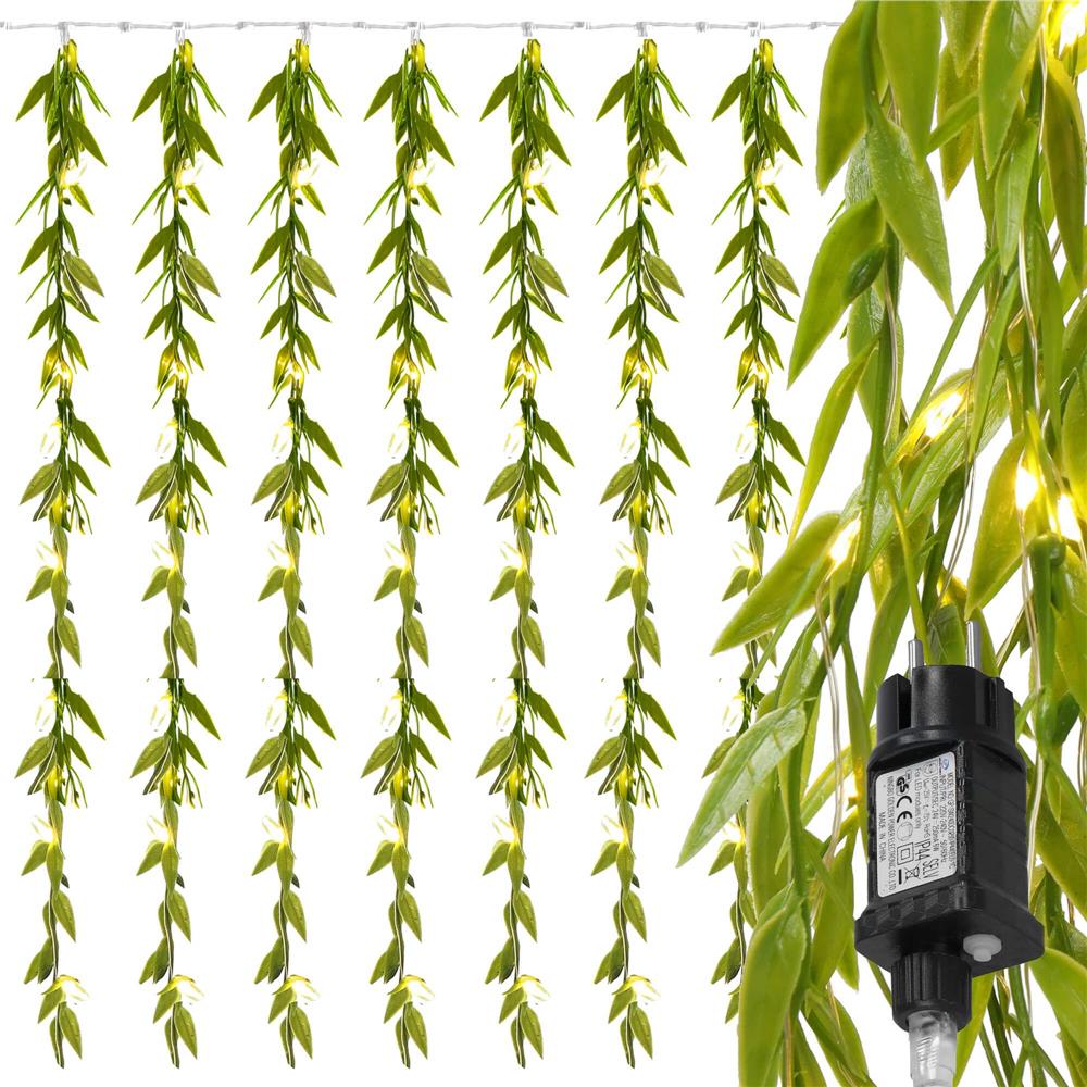 Ghirlanda luminoasa tip perdea de frunze artificiale, 285x105cm, 200 LED-uri, alb cald